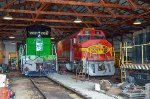 Diesel locomotives inside the barn